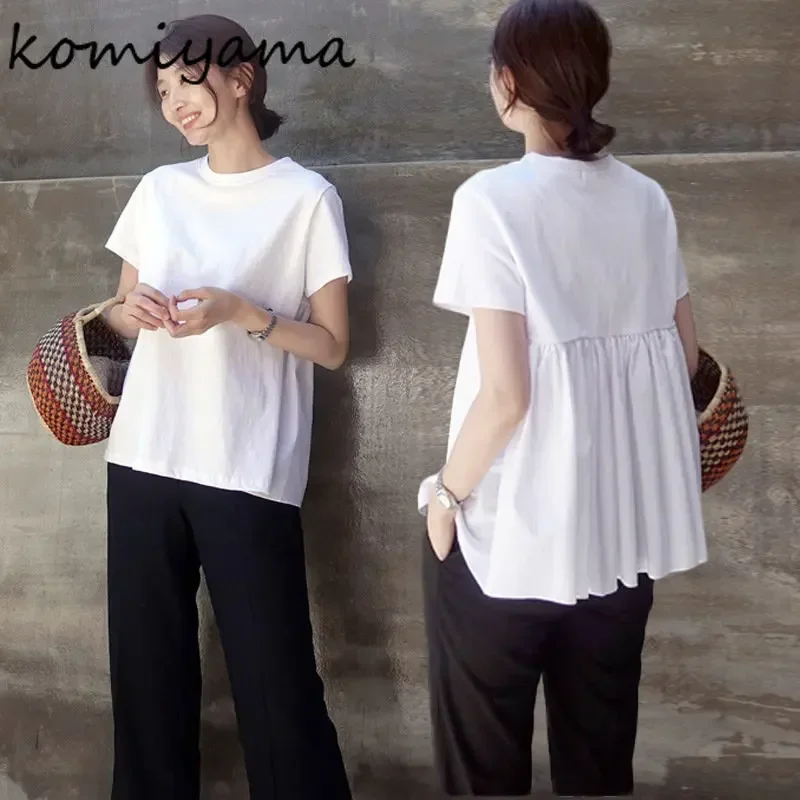 Komiyama 2024 Summer Chic Back Pleated Y2k Tops Loose O Neck Tees Fashion Casual T Shirt Japanese Solid All Match Ropa Mujer