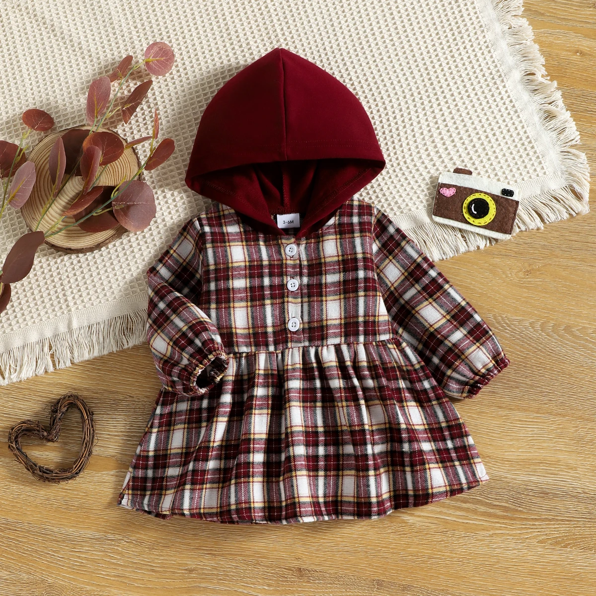 

Girls Plaid Hooded Button Coat Dress Spring Autumn Seasonal Clothing Baby Girl Outfit with Hat