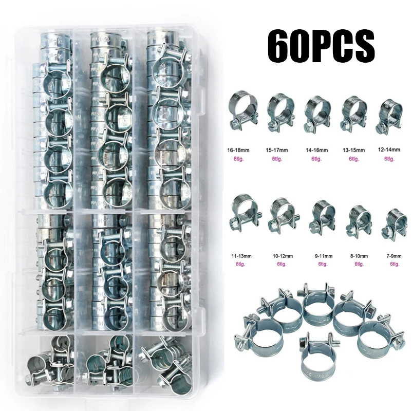 

60pcs 7-18mm Fuel Line Hose Clips Clamp Diesel Petrol Pipe Coolant Radiator Carbon Steel Galvanized Pipe Fittings Fixing Tool