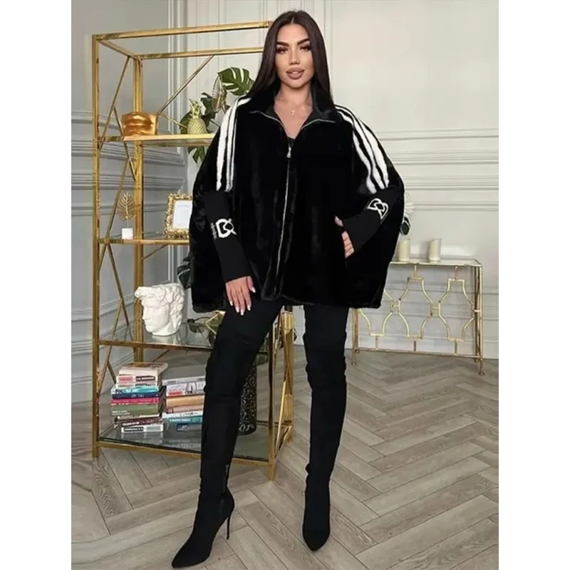 

Hooded Patchwork Zipper Oversized Bomber Jacket Women Elegant Furry Full Sleeve Loose Fitting Autumn Winter Coats New Outerwear