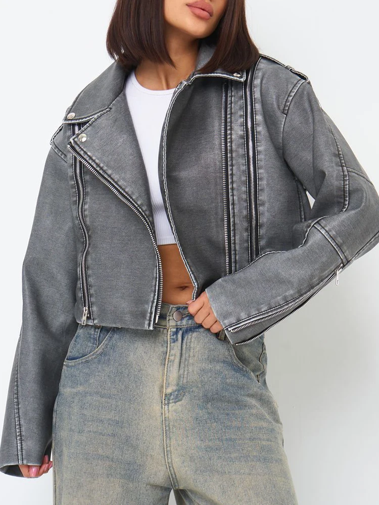 Ailegogo New Spring Autumn Women Short Pu Faux leather Jacket Vintage Female Zipper Grey Coat Moto Biker Streetwear Outwear