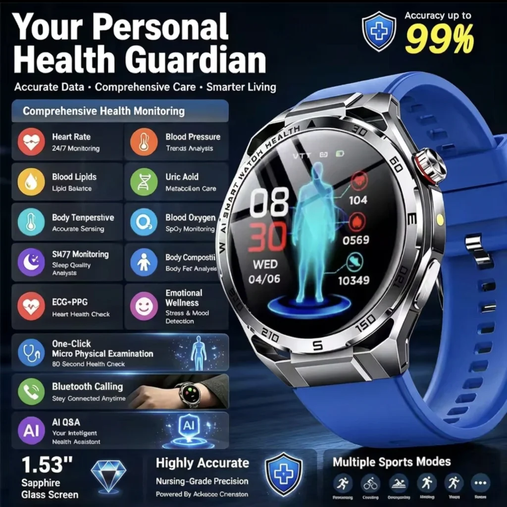 Medical ECG Watch 2026 AI Medical Smart Watch Blood Oxygen Uric Acid Blood Pressure Body Fat Fitness IP68 Waterproof Smartwatch