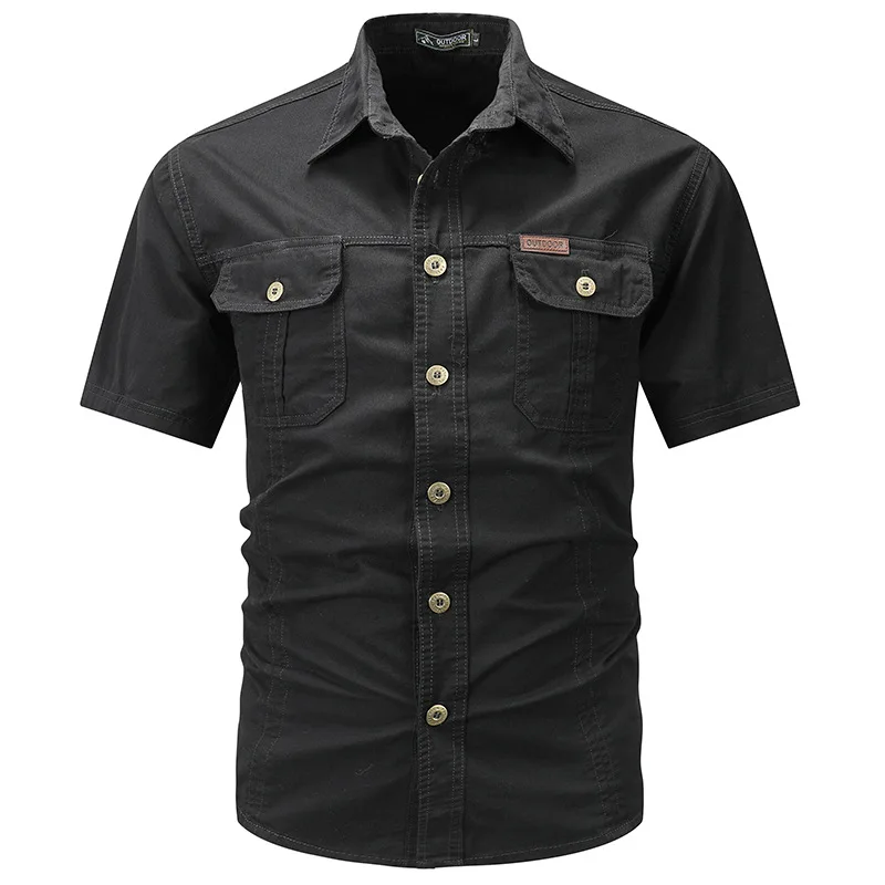 Summer Fashion Men Solid Color Short Sleeve Casual Shirt Youth Good Quality 100% Cotton Multi-pockets Cargo Outdoor Workwear Top