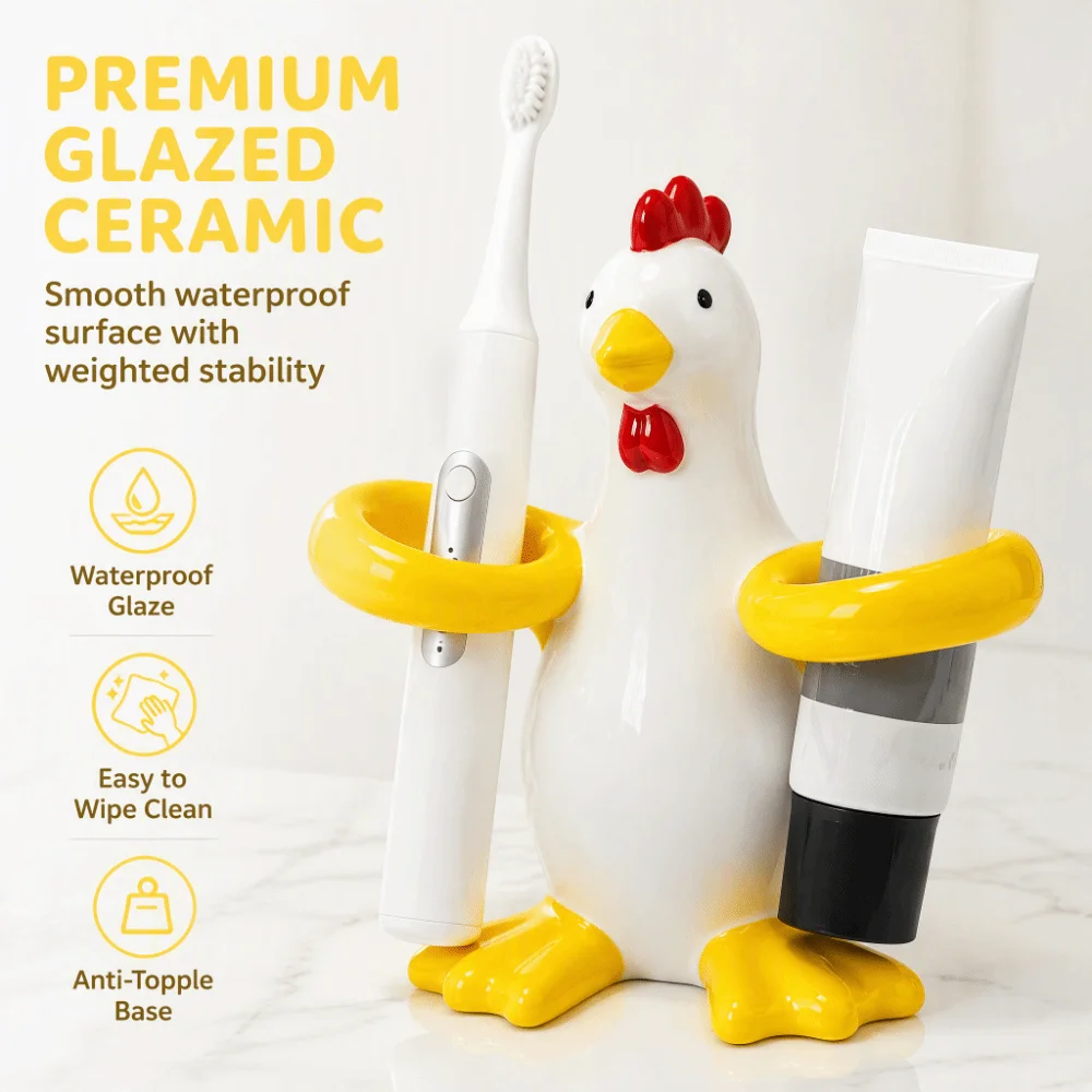 Chicken Shaped Electric Toothbrush Holder Ceramic 2 Slot Toothpaste Toothbrush Rack Non Slip Portable Makeup Brush Shelf