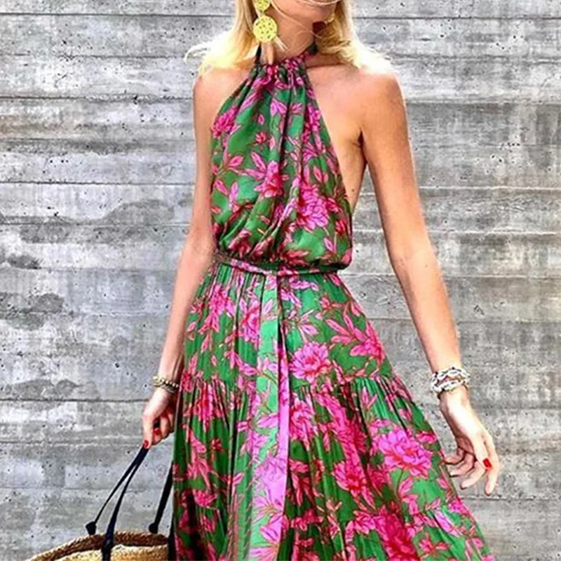 2024 Summer New - Foreign Trade Europe and America Border Women's Clothing Halterneck Printed Backless Pri