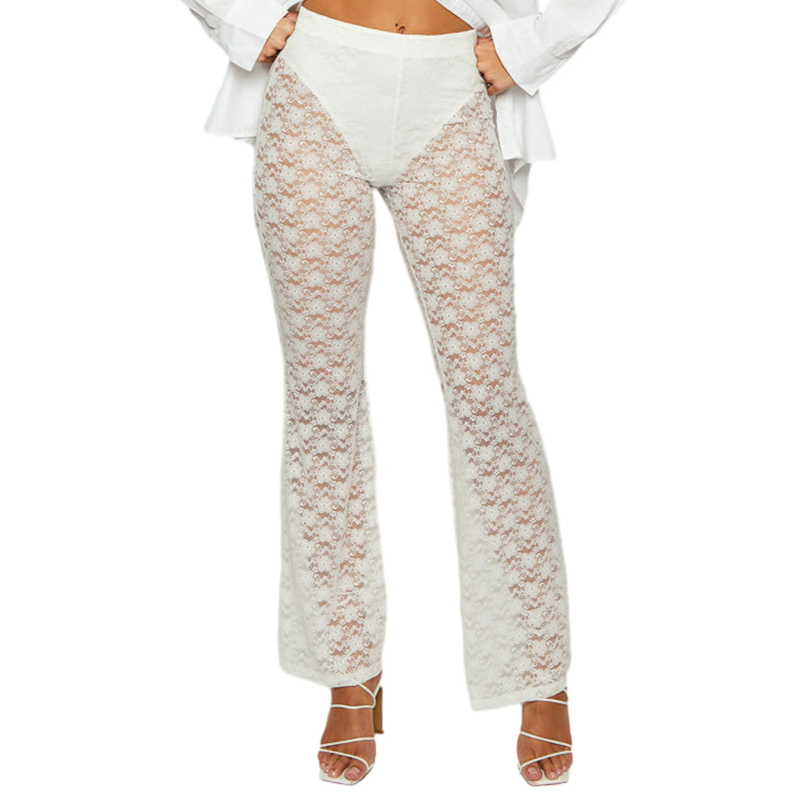 

Women Lace Flared Pants Sexy Sheer High Waisted Bell Bottoms Elastic Bootcut Trousers for Beach Clubwear