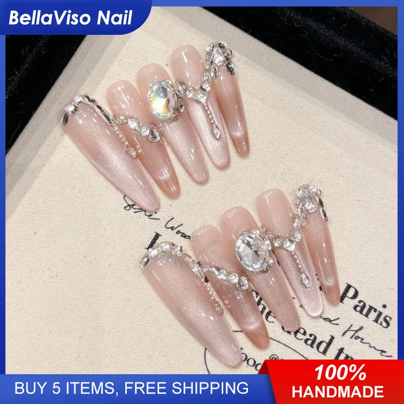 Beleza Rosa |   Elegante 4.0cm de comprimento stiletto imprensa em unhas brilhantes unhas falsas 10 pçs artesanal strass wearable dicas da arte do prego