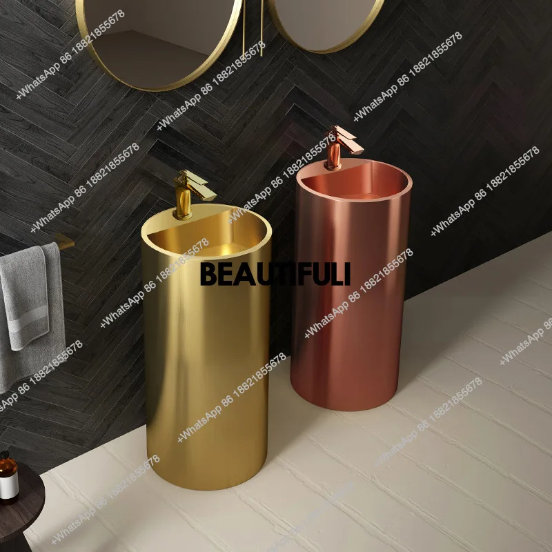 

Minimalist style gold stainless steel column style washbasin, hotel homestay washbasin, integrated floor standing column basin