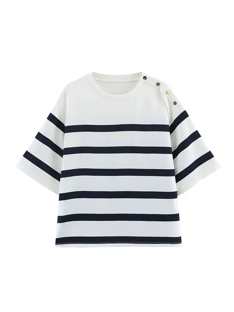 NLZGMSJ 2025 بدلة نسائية صيفية أنيقة غير رسمية شريطية برقبة دائرية وأكمام قصيرة شورت فضفاض مستقيم أطقم موضة جديدة