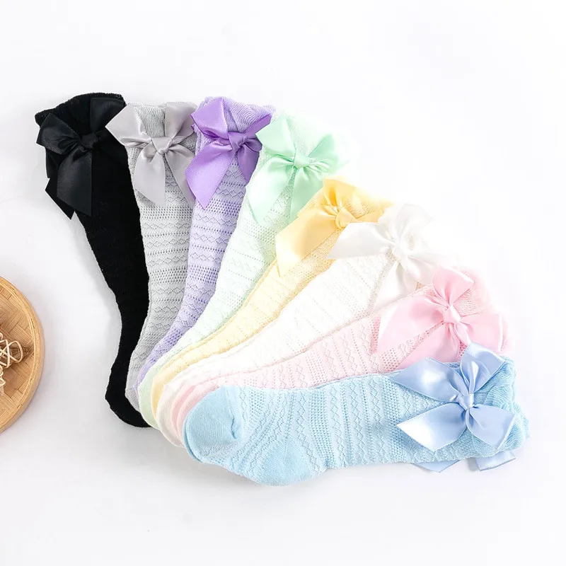 Children's mesh socks summer thin horizontal striped mesh mosquito proof socks solid color bow versatile baby tube socks