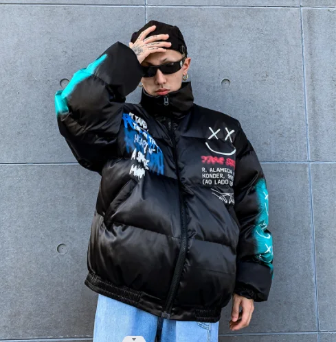 Hip Hop Winter Jacket Parka Men Graffiti printing Streetwear Windbreaker Harajuku Winter Padded Jacket Coat Warm Outwear Zipper