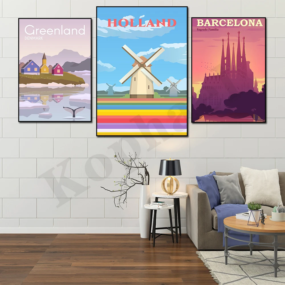 Netherlands Iceland Japan Ireland Greece Barcelona Greenland. City Travel Scenery. Home Wall Decor Art Canvas Painting