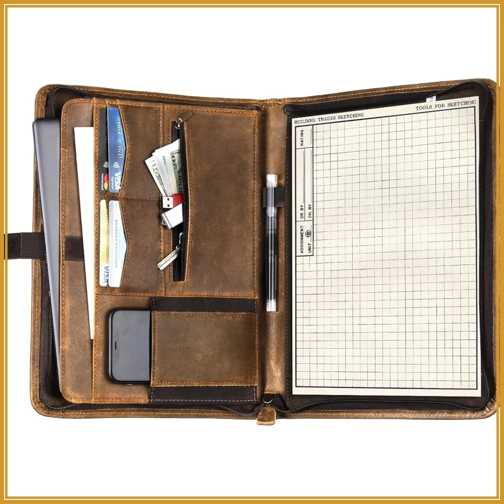 

Brown Leather Padfolio Organizer with Zipper, A4/Letter Size, Professional Portfolio for Men Women