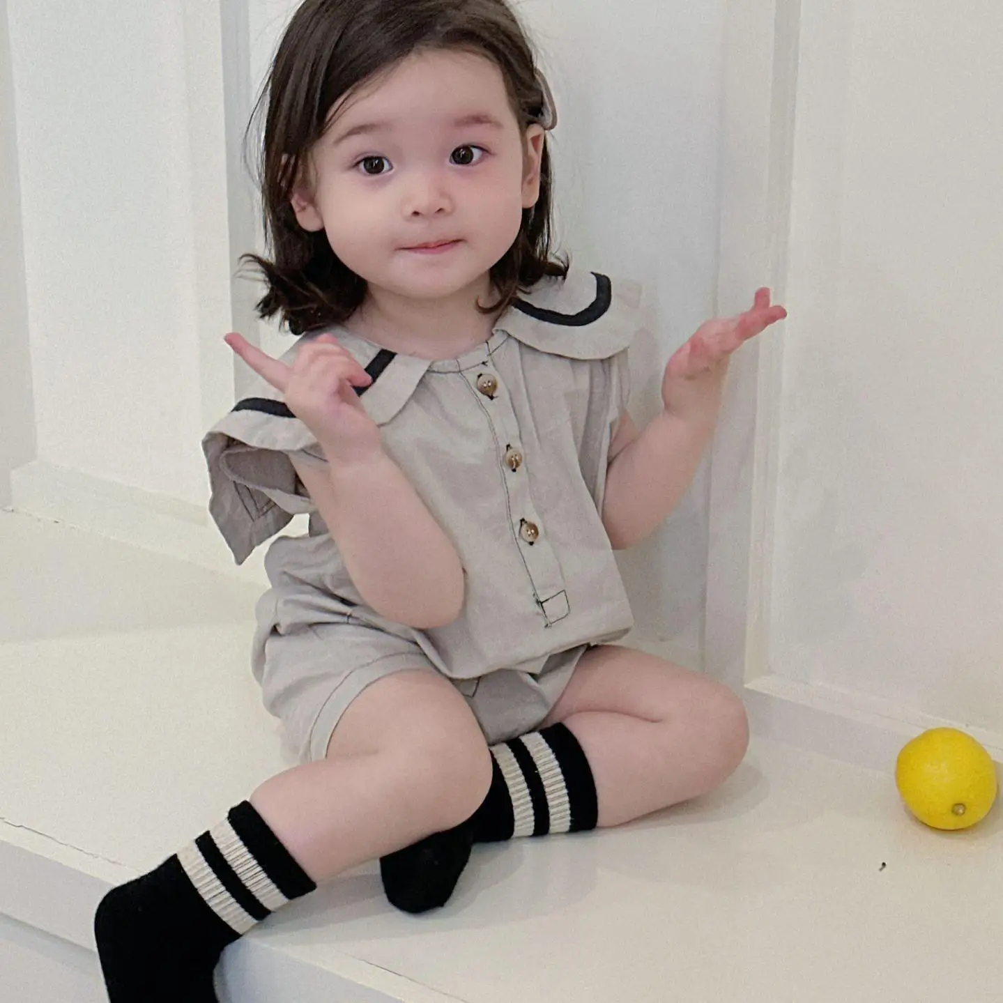 

2024 Summer Boy Girl Infant Solid Loose Short Sleeve Sailor Collar Jumpsuit Newborn Baby Thin Casual Romper Kid Cotton One-piece