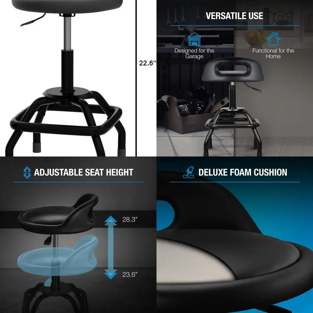 Adjustable Swivel Workshop Stool with Backrest, Padded Seat, Lumbar Support, and Footrest, 22-28 Height