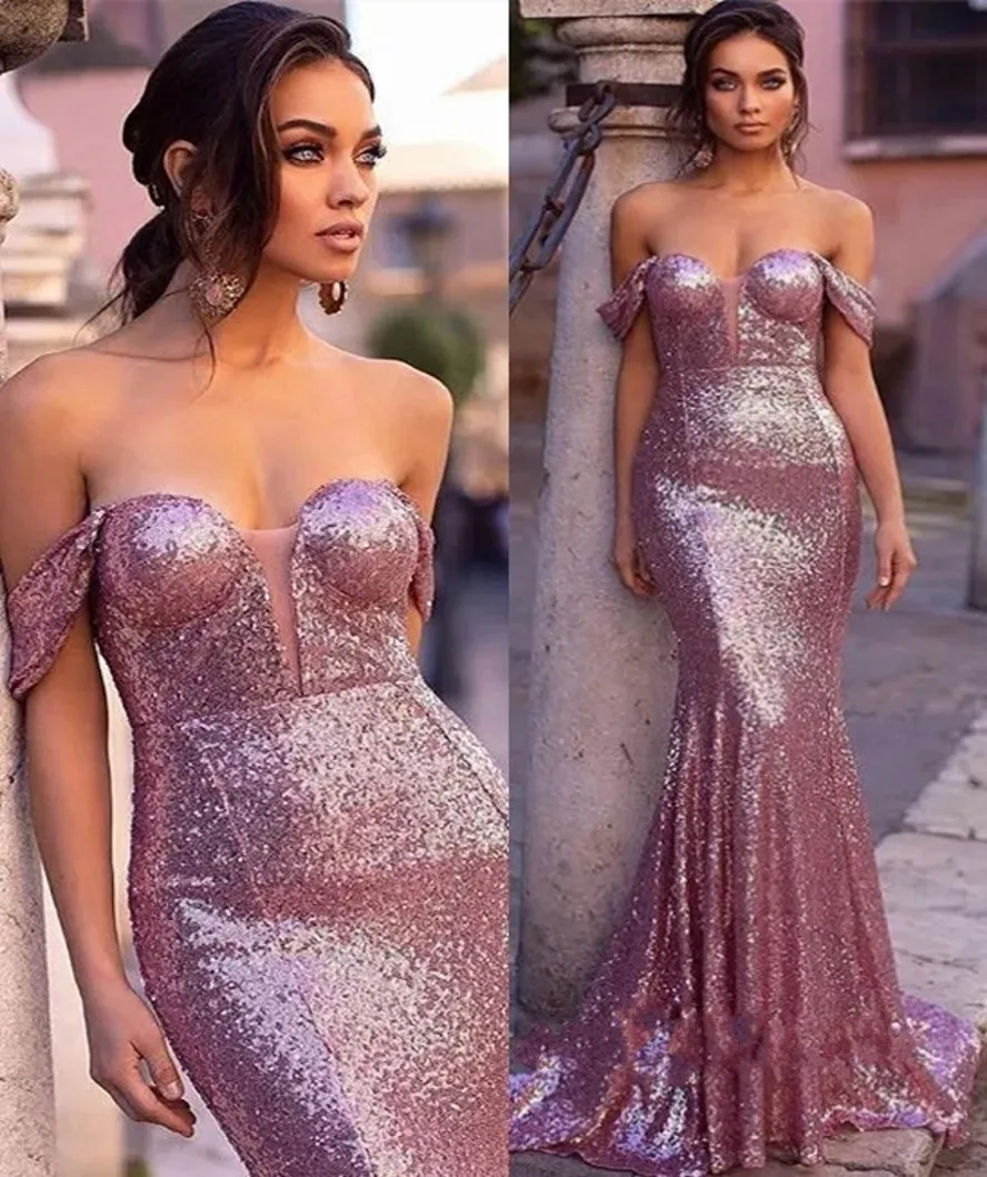 

Pink Sequins Memaid Prom Evening Dress Shinny Off Shoulder Long Women Formal Pageant Gowns Robe De Soiree Custom Made