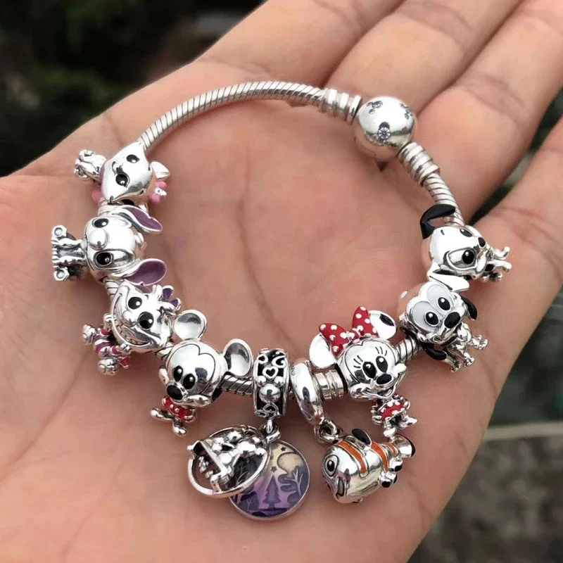 Disney Mickey Mouse Harm Fit Pandora  Minnie Series Bead CPlata De LeyBracelet DIY Jewelry Kids Brithday Gifts