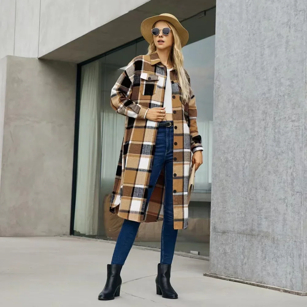 

2024 New Autumn Shirt Coats Side Slit Lapel Loose Woolen Y2K Wool Trench Coat Women Long Sleeve Plaid Coat Pockets Shirt Jackets