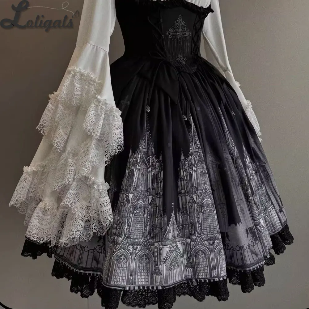 تنورة قوطية على شكل حرف A نافذة كاتدرائية مطبوعة تنورة لوليتا قصيرة بخصر مطاطي ~ المسافر الليلي من SUSIN #3