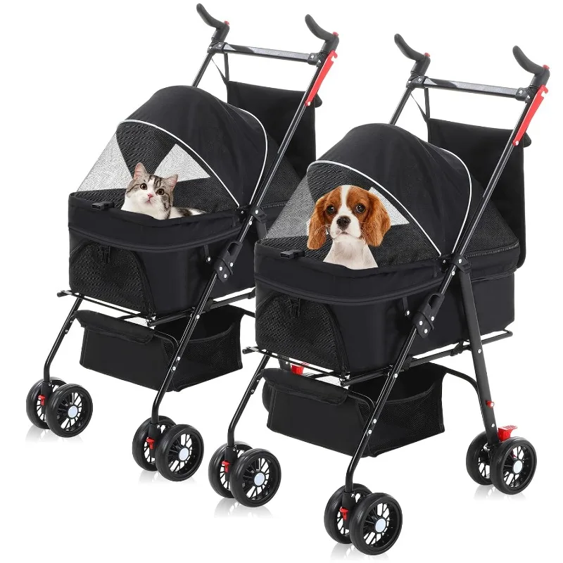 

2 Pack Folding Pet Stroller with Rotating Handle Safety Tether Storage Basket for Small Dogs, Lightweight Travel Cats Stroller