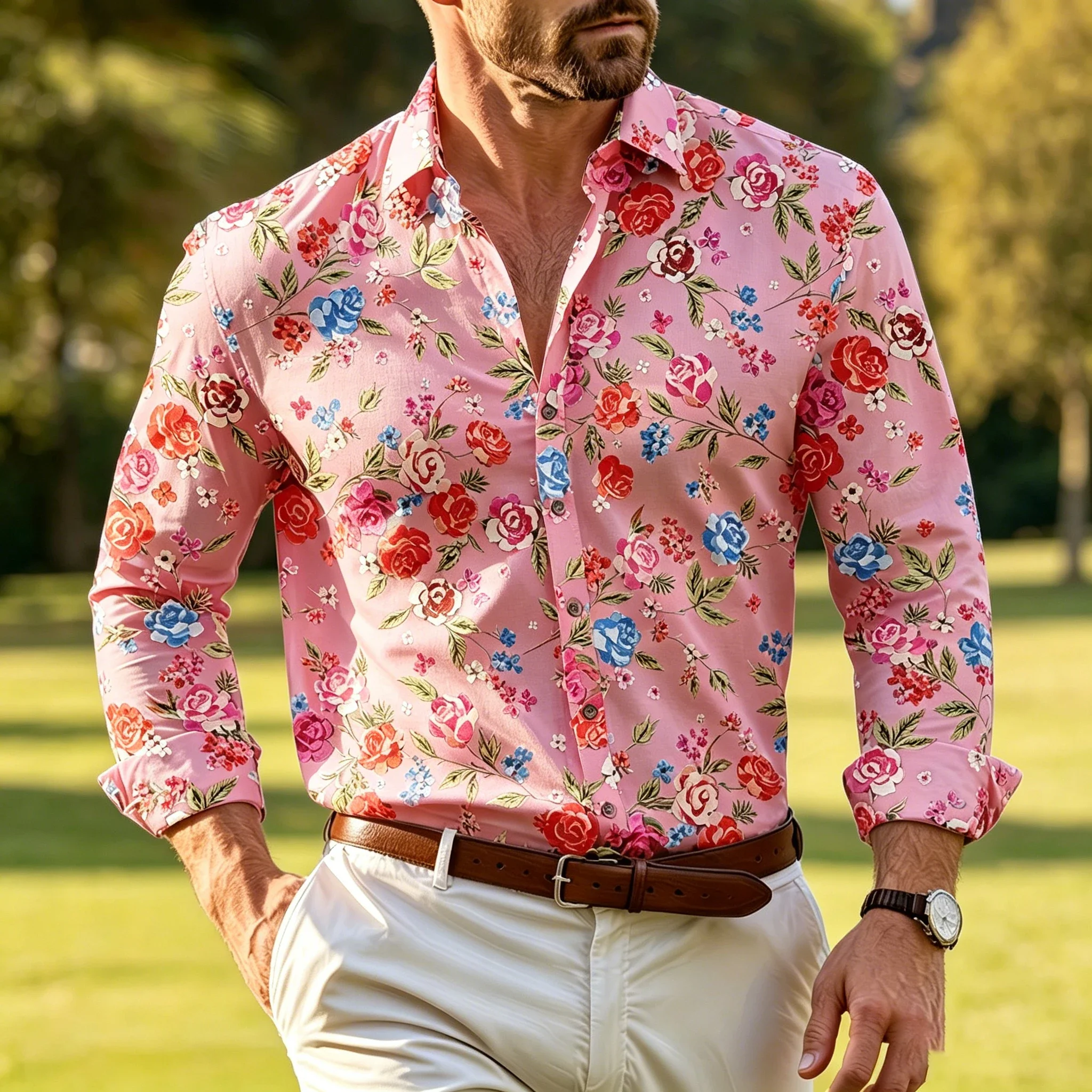 Men's Deep Collar Slim Fit Long Sleeve Shirt, Retro Floral All-over Print, Flowy Shirt, Trendy Casual Cardigan Top for Vacation