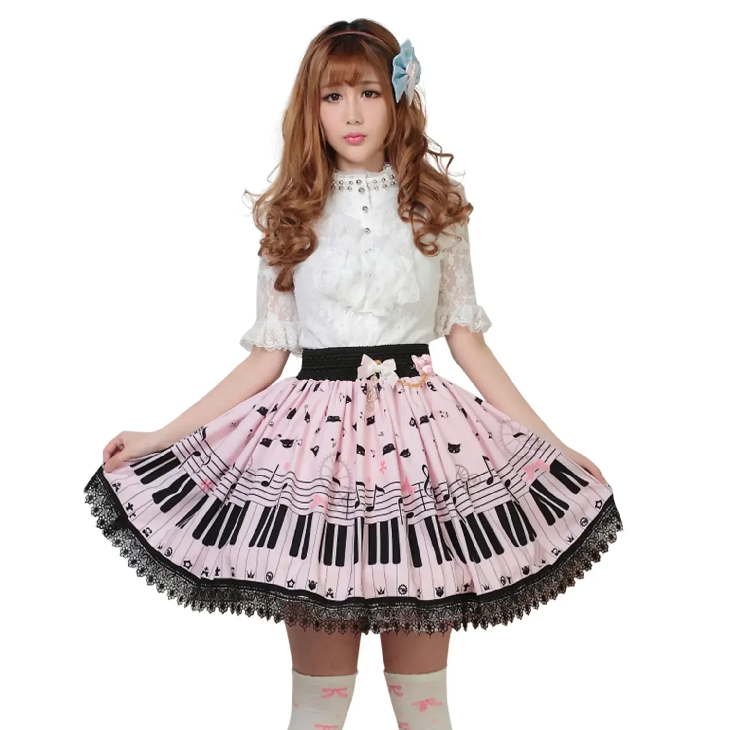 Kawaii Sweet Girl Pink Polyester Lace Piano Keybord Printed Lolita Skirt pink skirt