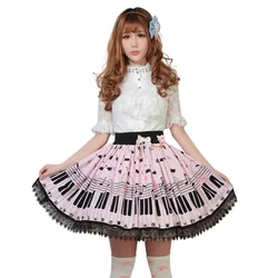 Falda Lolita estampada con Teclado de Piano de encaje de poliéster Rosa Kawaii Sweet Girl