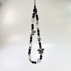 Original DIY Wristlet Phone Charm Strap Black Bead Silver Butterfly Pendant Cute Keychain Lanyard for IPhone Keycord Lanyard