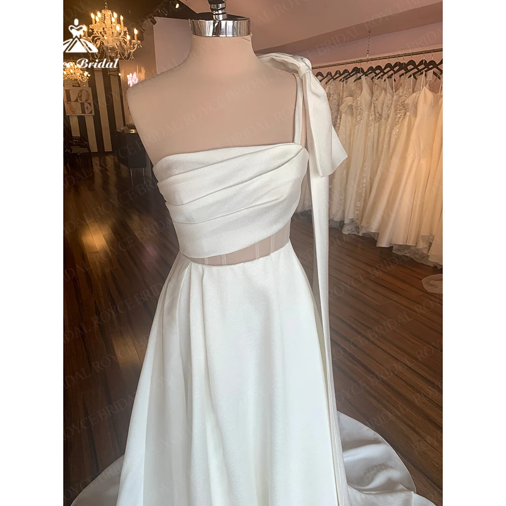 Vestidos de casamento de um ombro cetim feminino, espartilho elegante, costas ilusionistas, vestido de festa, linha, sem encosto, laço, 2023