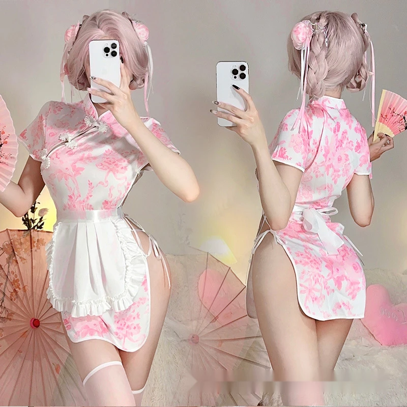 ฤดูร้อนใหม่จีนสาว Lolita จีน cheongsam ชุดหญิงส้อมพิมพ์ลูกไม้หลวมแขนสั้นชุด