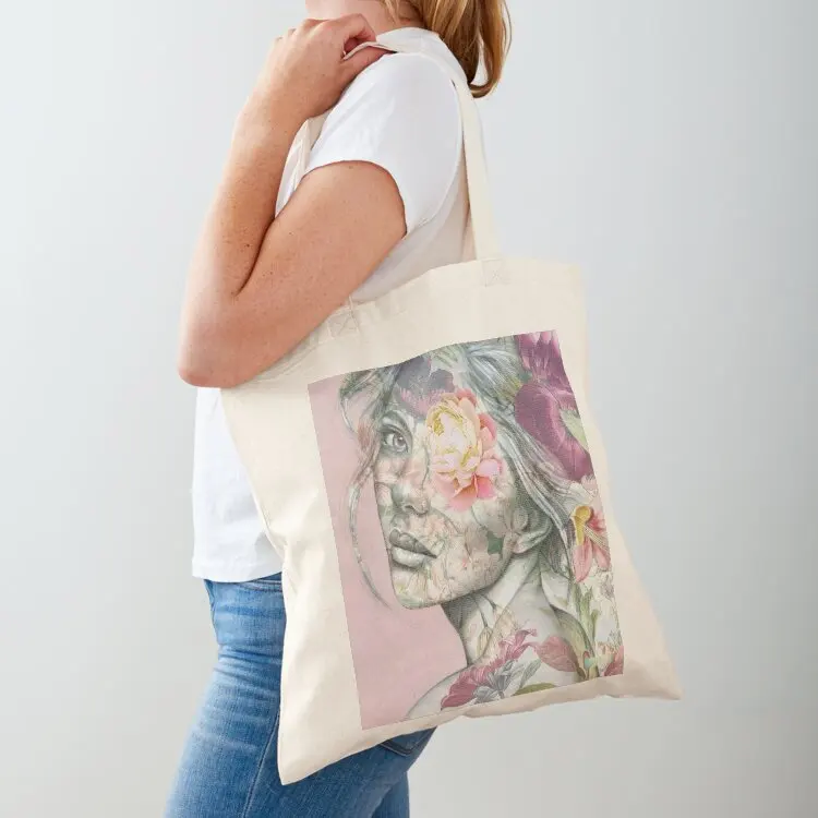 

Adore' illustration of a women with pink/maroon flowers Tote Bag Shopper canvas tote Reusable bags woman shopping bag