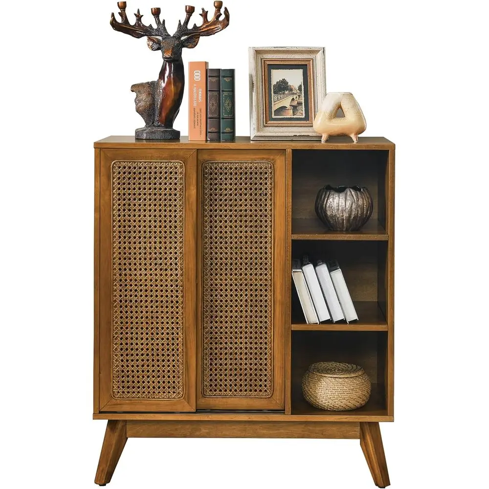 

Light Walnut Boho Wooden Sideboard with Rattan Sliding Doors and Open Shelves for Living Room
