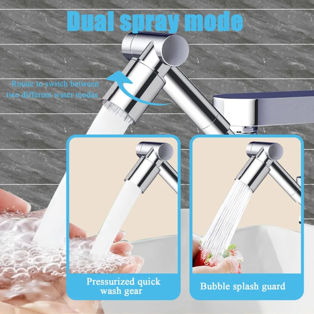 Universal Rotatable 1440° Faucet Aerator Scalable Metal Tap Splash-proof Bubbler 2 Water Outlet Mode Arm Extender Faucet Filter