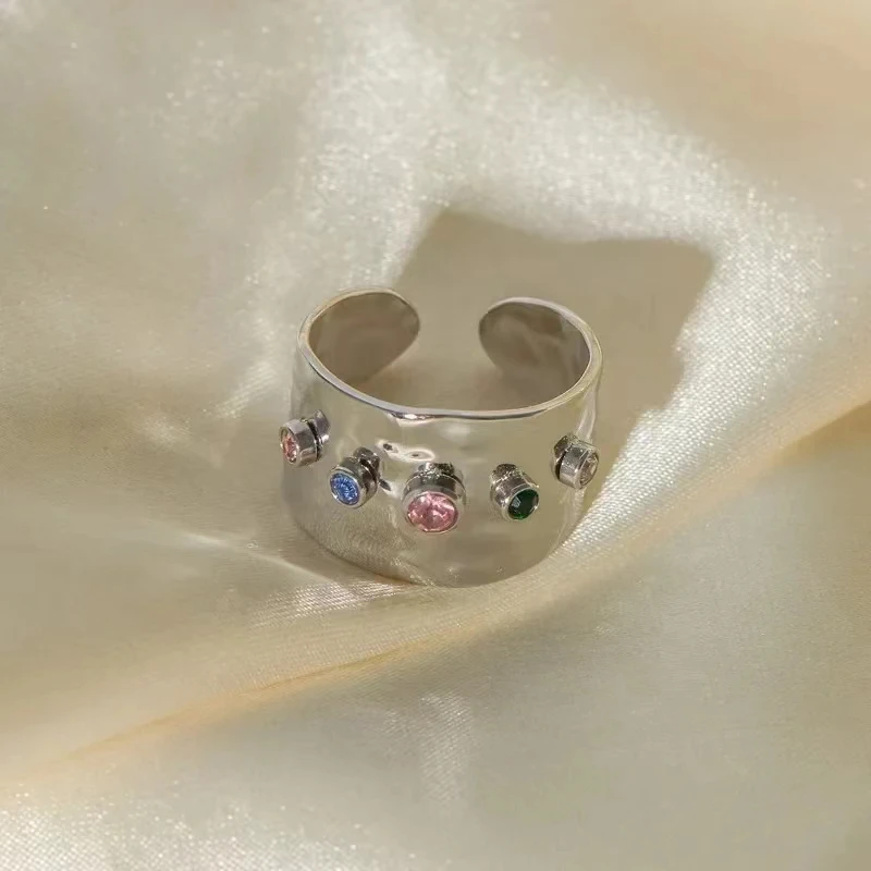 Colorful Crystal Wide Face Open Ring Vintage Gold/Silver Color Metal Ring Women Girl's Pary Jewelry Gifts image 2