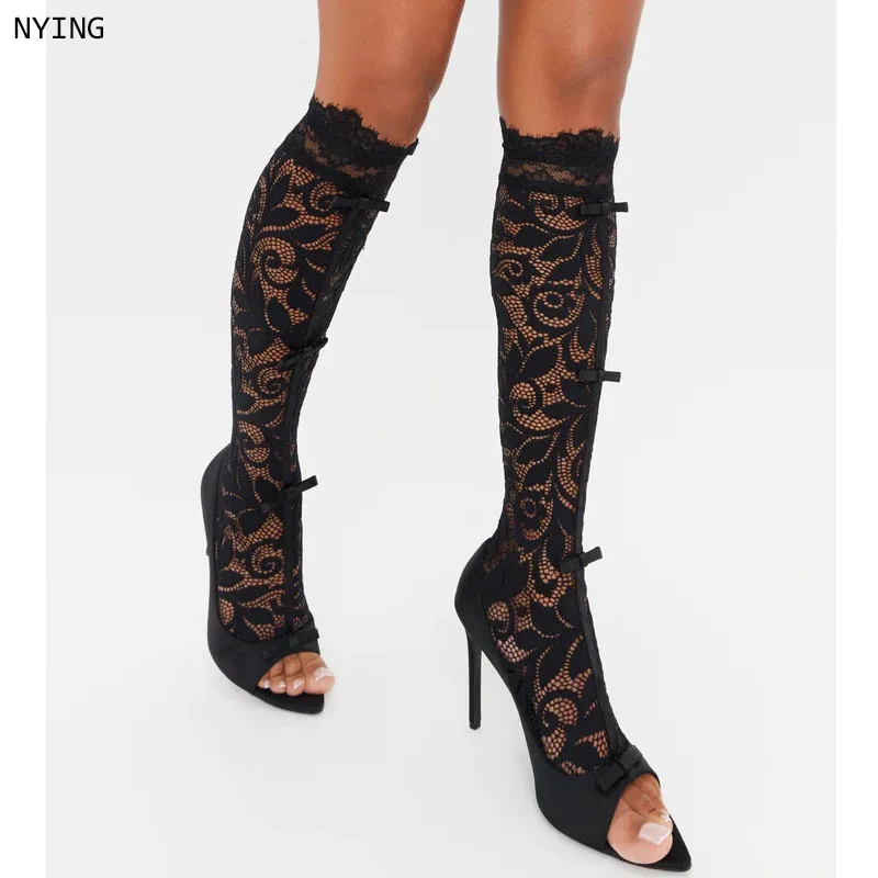 

2026 Fashion Black Lace Knee High Boots Gothic Thigh High Boots High Heels Long Bridal Boots Pointed White Wedding Boots 44