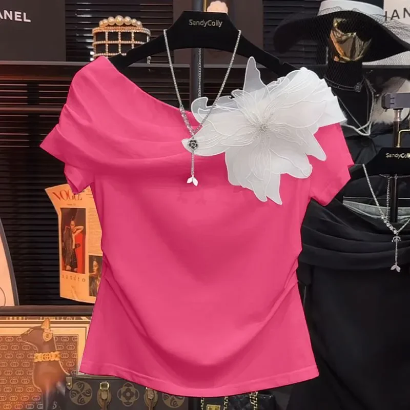 

Luxury Slash Collar Women T Shirt Summer Design 3D Flower Top Causal Short Sleeve Pleat Waist Slim Short Tee Sexy XQ198