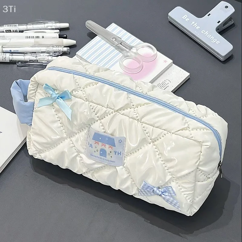 Blue White Bow Pencil Bag Large Capacity Stationery Bag Travel Storage Bag Women'S Cosmetic Bags Cute Design Girls Pencil Case