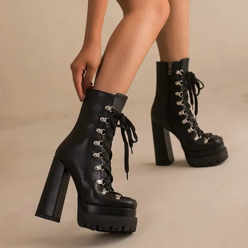 

Modern Western Mature Punk Goth Female Winter Super Block High Heeled Shoes Square Toe Lace-up Platform Boots Zip Shoes Lady