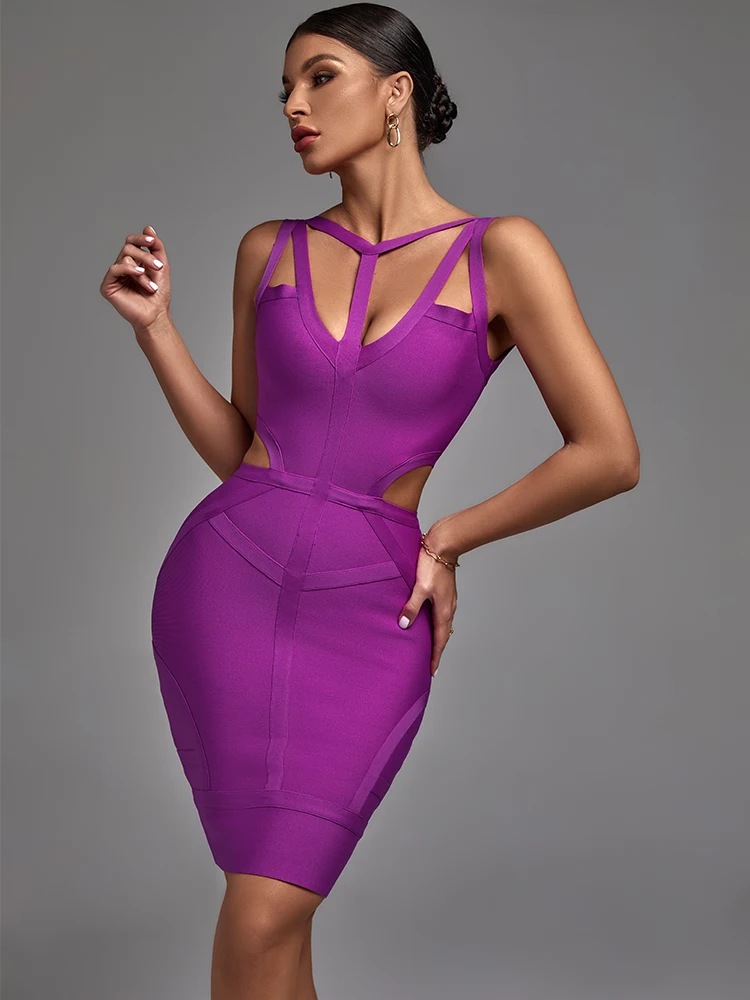 Purple Bandage Dress 2022 New Women\'s Bodycon Dress Elegant Sexy Strappy Evening Club Party Dress High Quality Summer Outfits