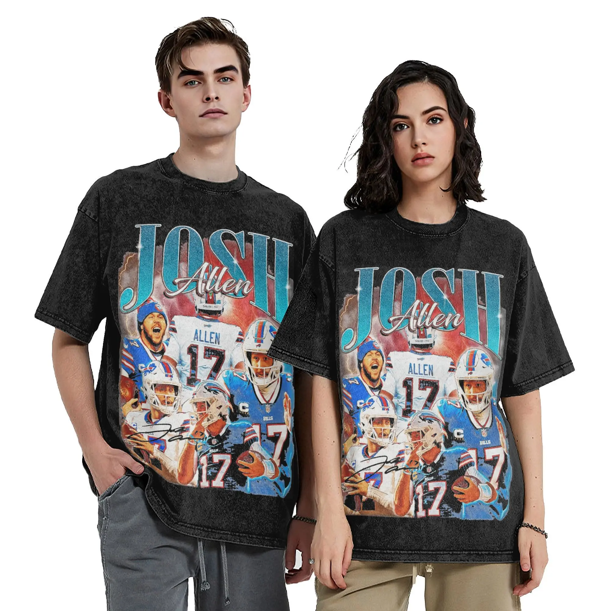 Washed T Shirt Josh Allen 17 Vintage Retro 90s Hip Hop T-Shirt High Street Streetwear Graphic Printed Tops Tee Shirt for Men