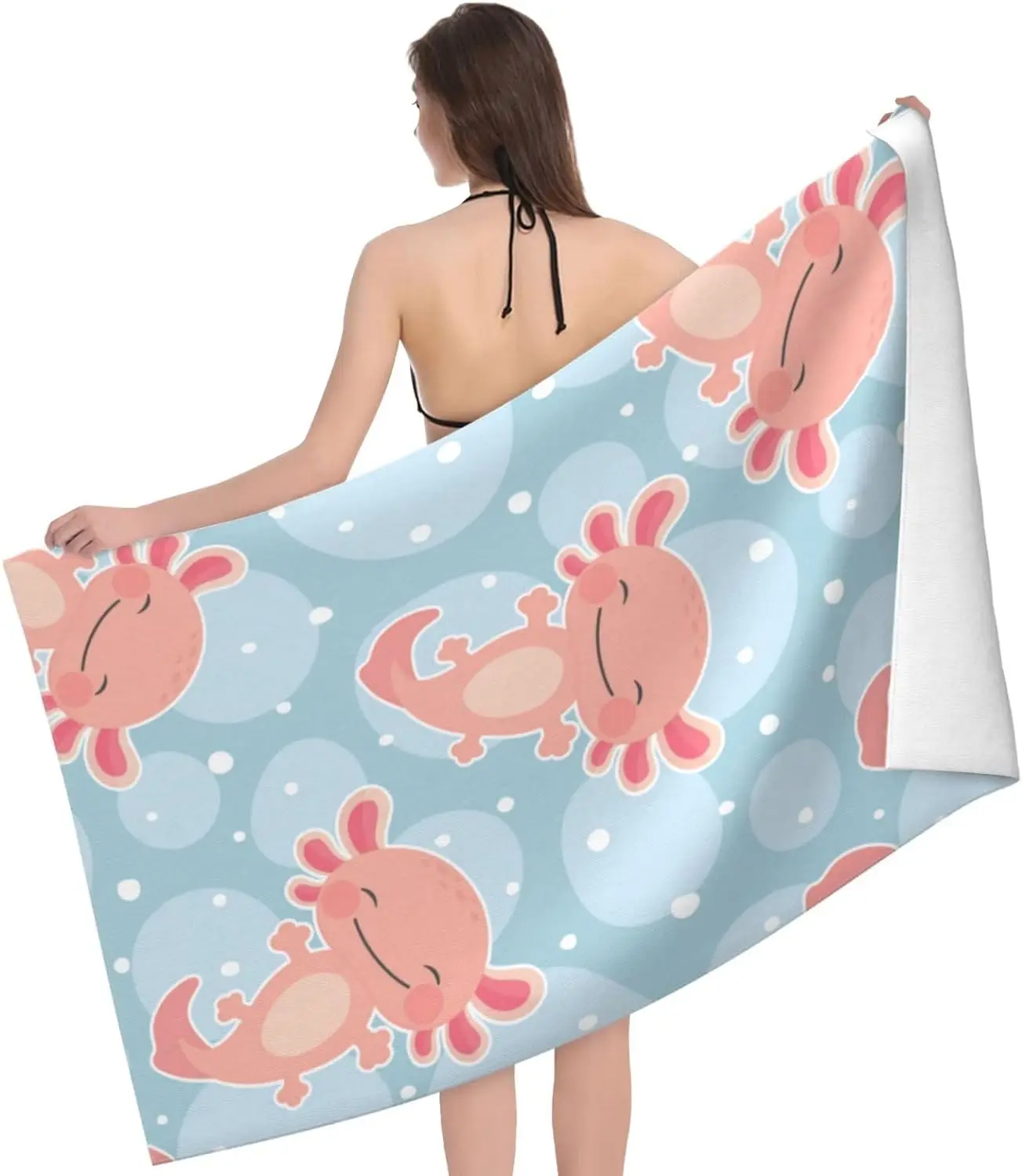 Cartoon Axolotl Beach Towel Sand-Free Microfiber Bath Towel Soft Quick Dry Pool Towels for Spa Travel Outdoor Sport Gym Swimming