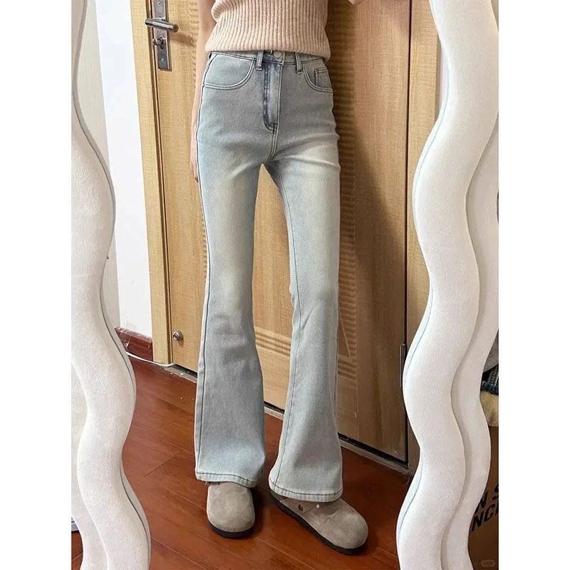 Fleece Light-colored Slightly Pulled Jeans for Women's 2026 Autumn Winter New Small Slim-fitting and Thin Horseshoe Flared Pants