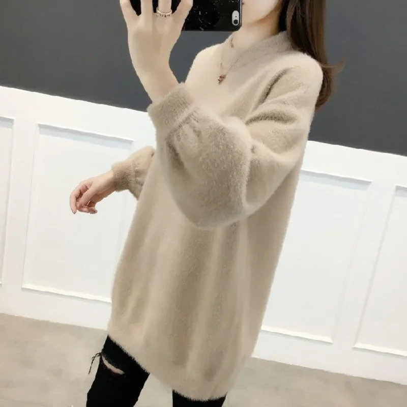 Autumn and Winter Women's Pullover Round Neck Solid Color Loose Fit Medium Long Sleeve Knitted Sweater Underlay Fashion Tops