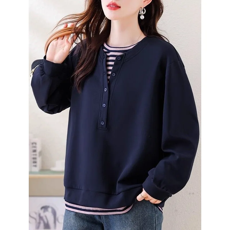 

Fashion Striped Fake Two-piece Sweatshirt Loose Casual Women's New Autumn Pullover Top