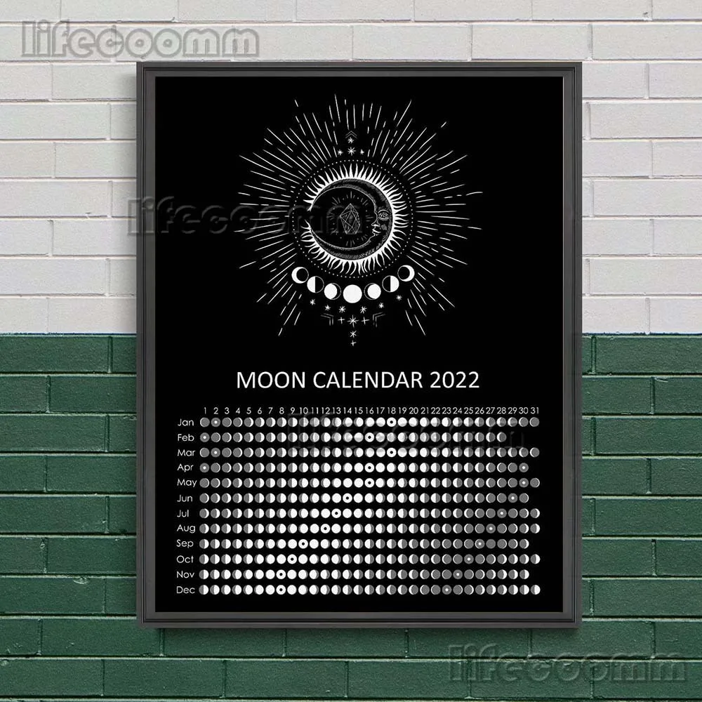 Lunar Calendar 2022 Moon Phases Art Poster And Print Home Decoraiton Witch Art, Celestial Decor, Moon Wall Art Canvas Painting