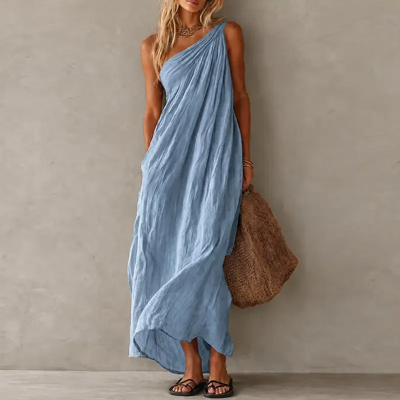 Greenora Solid Women Draped One Shoulder Dress Loose Sleeveless Fit A-Line Maxi Dresses Elegant Resort Wear Holiday Long Dress