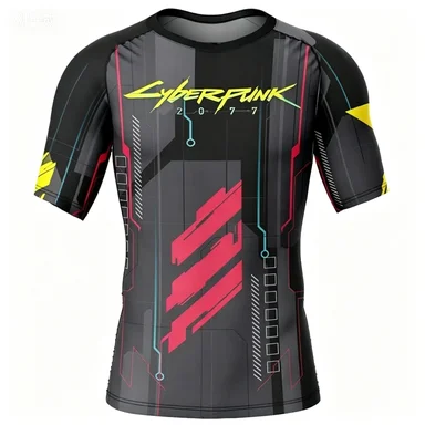 Summer Men's Blue and White Tribal Print Tight Fitting Quick Drying Short Sleeved Sports Top - view 2
