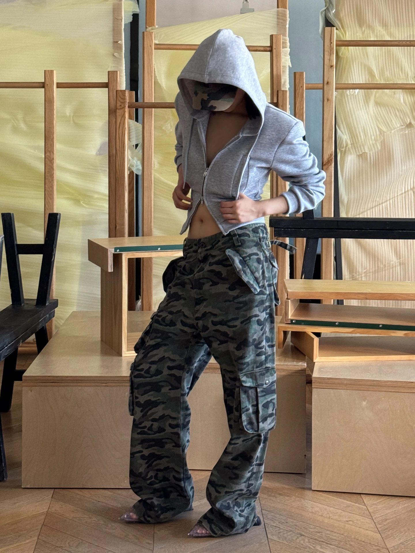 

Waed Denim Workwear Trousers Jungle Camouflage Women's Loose Fit Casual Pants l Waist Zipper Closure Cotton Fabric