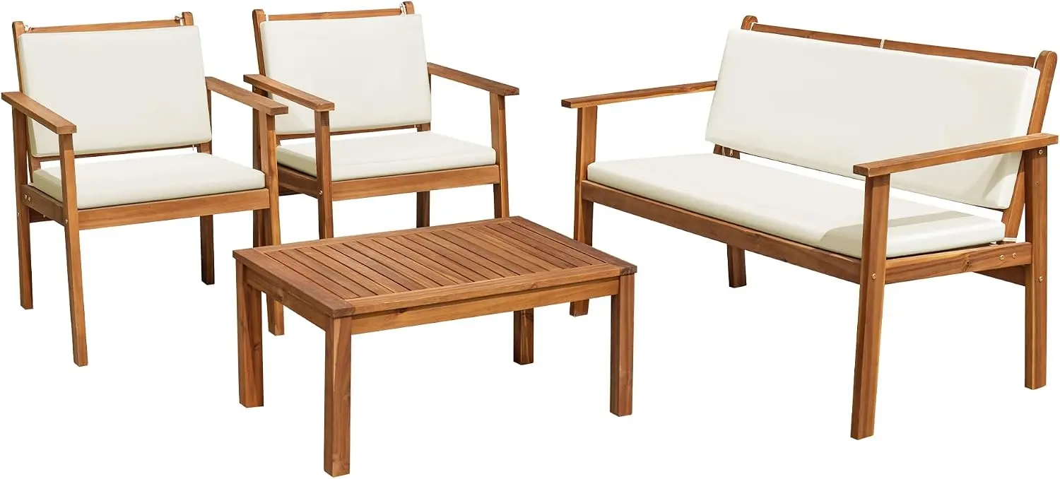 Outdoor Patio Furniture Set 4-Piece Acacia Wood Patio Set, Natural | Teak Patio Furniture Sets with A Table & Beige Cushions