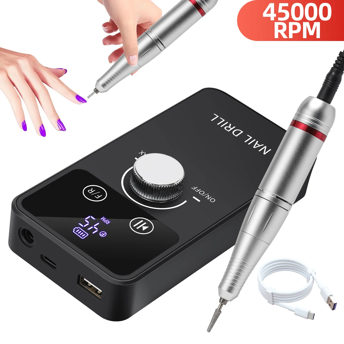 Professional 45000RPM Electric Portable Nail Drill Machine Rechargeable Low Noise Nail Sander File for Manicure Salon Tool